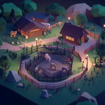 Low poly and isometric view of a lively zoo enclosure at twilight - Image 3