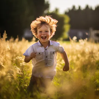 Black and white image of a child joyfully playing in a field - Image 2