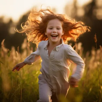 Black and white image of a child joyfully playing in a field - Image 4