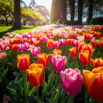 Symmetrical rows of colorful tulips in a garden - Image 2