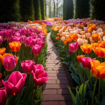 Symmetrical rows of colorful tulips in a garden - Image 3