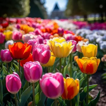 Symmetrical rows of colorful tulips in a garden - Image 4