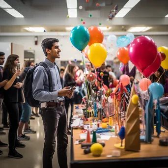 Student demonstrating a balloon rocket at a science fair. - Image 1