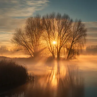 Sunrays breaking through fog in a forest - Image 1