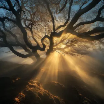 Sunrays breaking through fog in a forest - Image 3