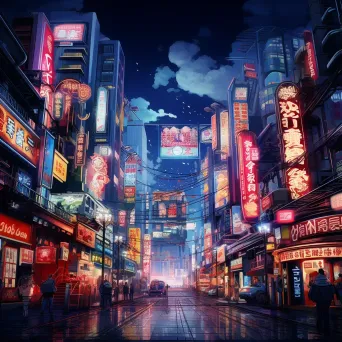 Detailed anime-style artwork featuring a neon-lit, neo-futuristic cityscape - Image 1