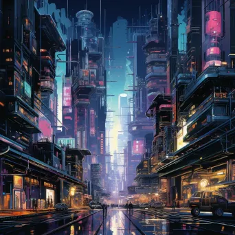 Detailed anime-style artwork featuring a neon-lit, neo-futuristic cityscape - Image 3