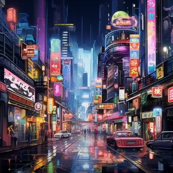 Detailed anime-style artwork featuring a neon-lit, neo-futuristic cityscape - Image 4