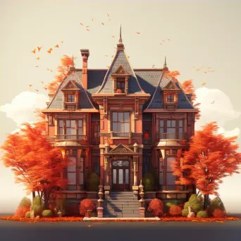 Victorian Mansion in Autumn in Low Poly