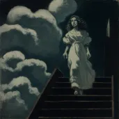 Figure climbing staircase of clouds under starry night sky - Image 1