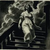 Figure climbing staircase of clouds under starry night sky - Image 2