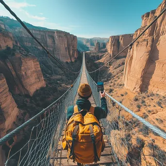 Tourist taking a selfie on a rope bridge over a canyon - Image 1