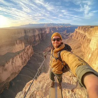 Tourist taking a selfie on a rope bridge over a canyon - Image 3