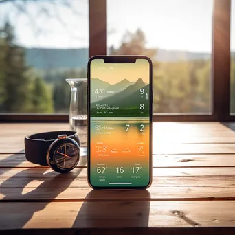 Smartphone with fitness tracking app on a wooden table next to running shoes and a water bottle - Image 1