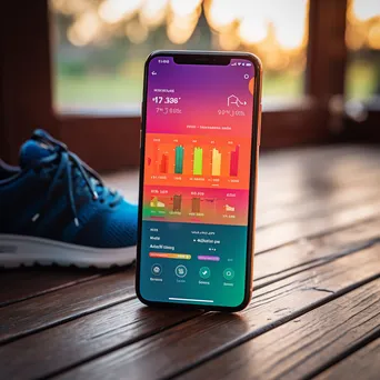 Smartphone with fitness tracking app on a wooden table next to running shoes and a water bottle - Image 4