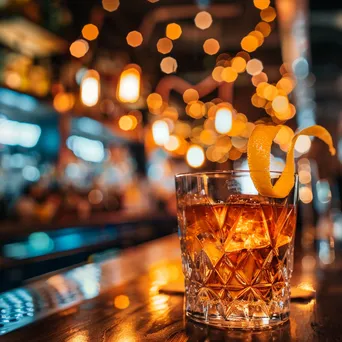 Close-up of a cocktail being stirred with a lemon garnish - Image 1