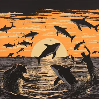 Illustration of dolphins leaping out of the sea at sunrise - Image 2