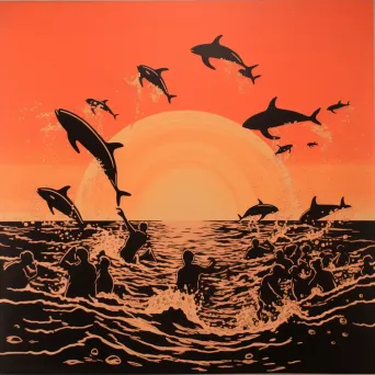 Illustration of dolphins leaping out of the sea at sunrise - Image 4