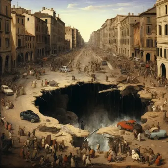 Illustration of a sinkhole opening up on a city street with cars falling into the hole. - Image 1