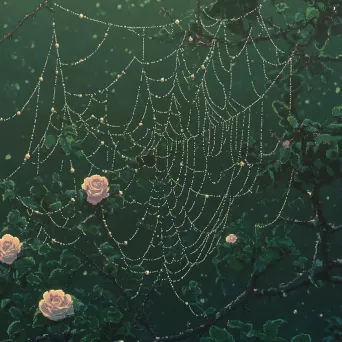 Digital pixel art of a dew-drenched spider web on a rosebush - Image 1