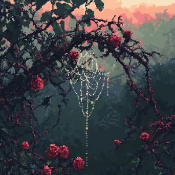 Digital pixel art of a dew-drenched spider web on a rosebush - Image 2