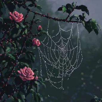 Digital pixel art of a dew-drenched spider web on a rosebush - Image 4