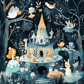 Cartoon-style whimsical tea party with fairytale creatures in pastel colors - Image 1