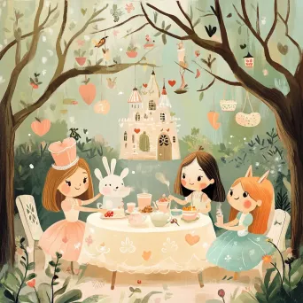 Cartoon-style whimsical tea party with fairytale creatures in pastel colors - Image 2