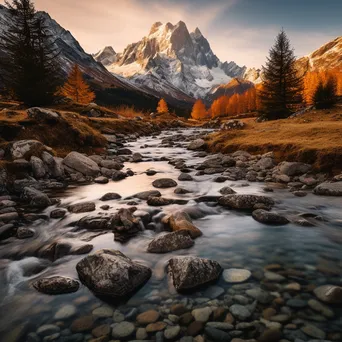 Alpine stream reflecting snow-capped mountains and autumn foliage during golden hour. - Image 1