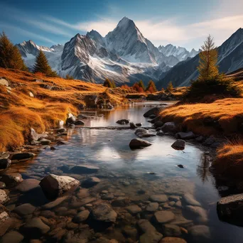 Alpine stream reflecting snow-capped mountains and autumn foliage during golden hour. - Image 2