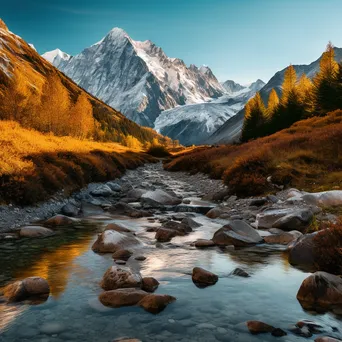 Alpine stream reflecting snow-capped mountains and autumn foliage during golden hour. - Image 4