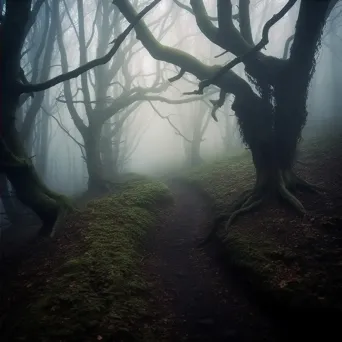 Image of a foggy forest with ancient trees and a winding path - Image 4