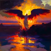 Image of mystical phoenix rising from ashes at sunset - Image 1