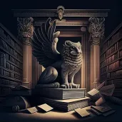 Image of a secret library with flying books guarded by a sphinx - Image 1