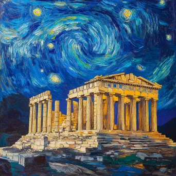 Starry night sky over the ancient Parthenon, reminiscent of Van Gogh