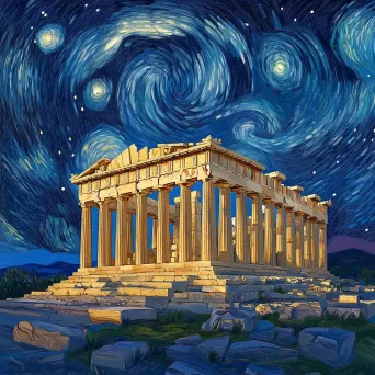 Starry night sky over the ancient Parthenon, reminiscent of Van Gogh