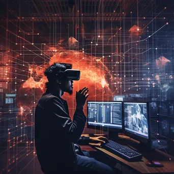 Individual using a VR headset surrounded by digital screens - Image 3