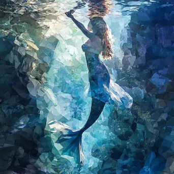 Low poly mermaid with a watercolor effect, in an underwater setting - Image 4