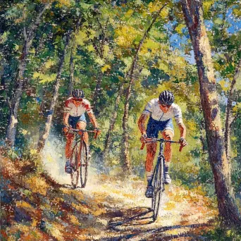 Pointillist painting of mountain bikers racing down a forest trail - Image 2