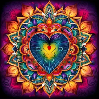 Intricate colorful mandala with heart at the center signifying complexity in love - Image 2