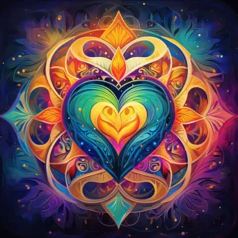 Intricate colorful mandala with heart at the center signifying complexity in love - Image 4