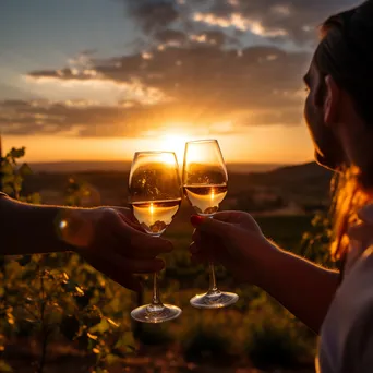 Couple toasting with wine at sunset in a vineyard. - Image 2