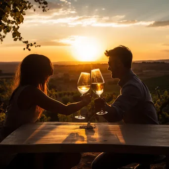 Couple toasting with wine at sunset in a vineyard. - Image 4