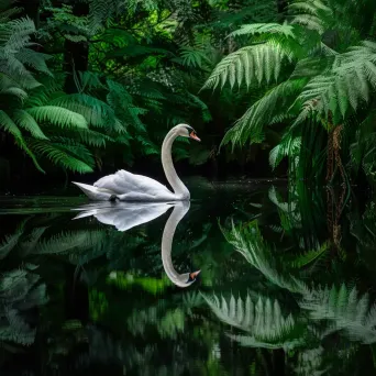 Graceful swan on still pond with centered reflection - Image 1