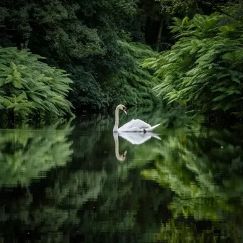 Graceful swan on still pond with centered reflection - Image 3