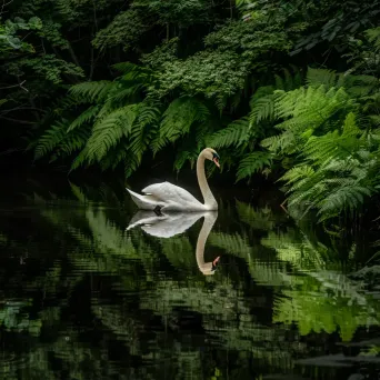 Graceful swan on still pond with centered reflection - Image 4