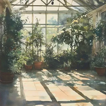 Artwork of a Victorian greenhouse in the early morning with detailed plant shadows - Image 1