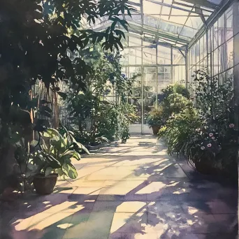 Artwork of a Victorian greenhouse in the early morning with detailed plant shadows - Image 2