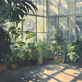 Artwork of a Victorian greenhouse in the early morning with detailed plant shadows - Image 4