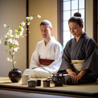 Japanese tea ceremony with kimono-clad hosts and matcha preparation - Image 2